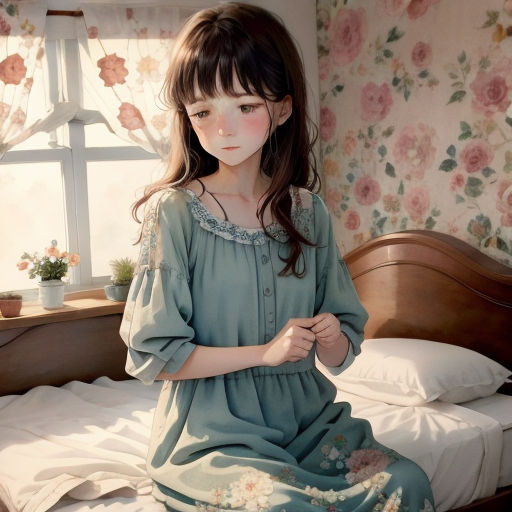 a little girl sitting on a bed in a room with a flowered wallpaper and a window with a flowered curtain