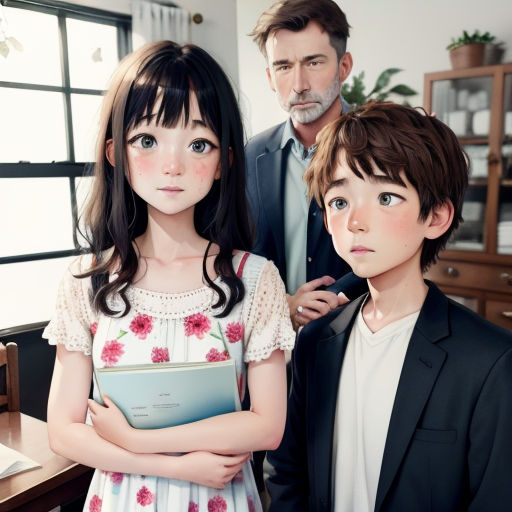 a man and a woman standing next to a boy in a suit and tie in a room with a desk and a window