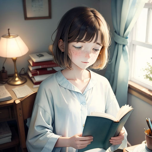 a young girl is reading a book in a room with a desk and lamp on it, and a window behind her