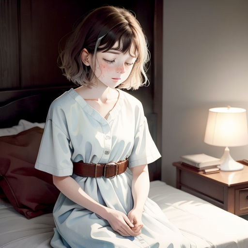 a woman sitting on a bed in a room with a lamp on the side of the bed and a lamp on the side of the bed