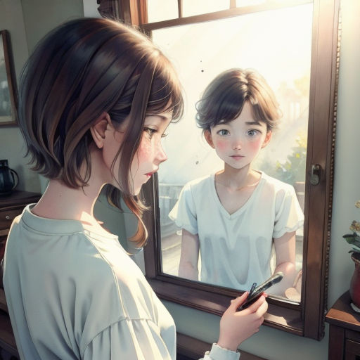 a woman looking at her reflection in a mirror while holding a cell phone in her hand and looking at her reflection in the mirror