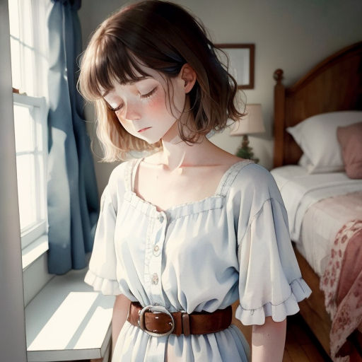 a woman standing in a bedroom next to a bed with a window behind her and a wooden headboard
