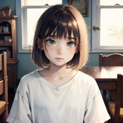 a girl with a short haircut and blue eyes is standing in a room with a table and chairs
