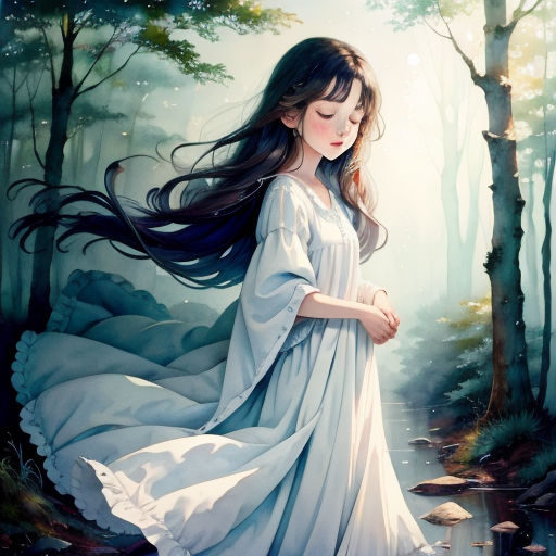 a painting of a woman in a white dress walking through a forest with long hair flying through the air