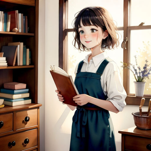 a painting of a girl holding a book in front of a window with a bookcase in the background