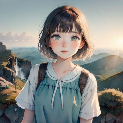 a girl with a backpack standing on a cliff overlooking a mountain range with a waterfall in the distance and a sun shining through the clouds