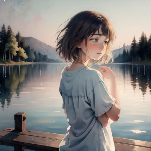 a girl standing on a dock looking at the water and mountains in the distance with a lake in the foreground