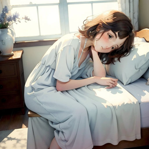 a woman laying on a bed with a pillow and a pillow case on it's side, with her head resting on her hand