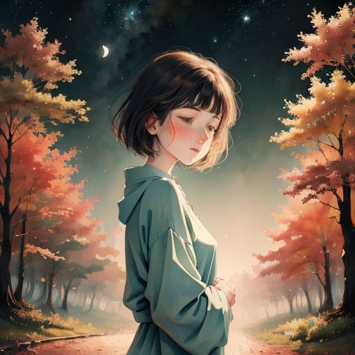a painting of a girl standing in the middle of a forest at night with a full moon in the sky