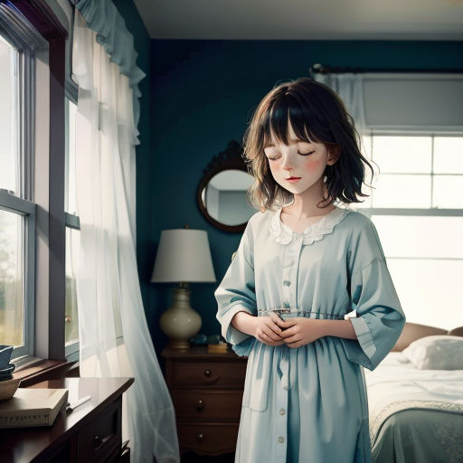 a young girl standing in front of a window in a bedroom with a bed and dresser in the background