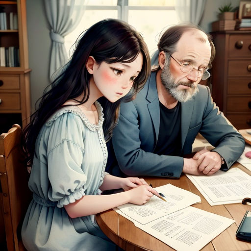 a man and a woman sitting at a table with papers and a cell phone in front of them,