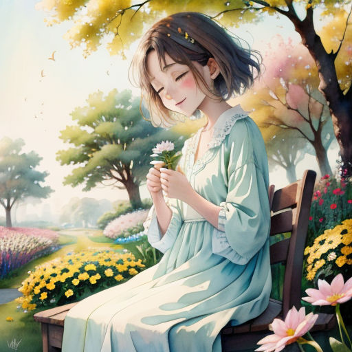 a painting of a girl sitting on a bench holding a flower in her hand and looking down at the ground