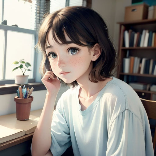 a girl sitting at a desk with a plant in front of her and a window behind her with a potted plant