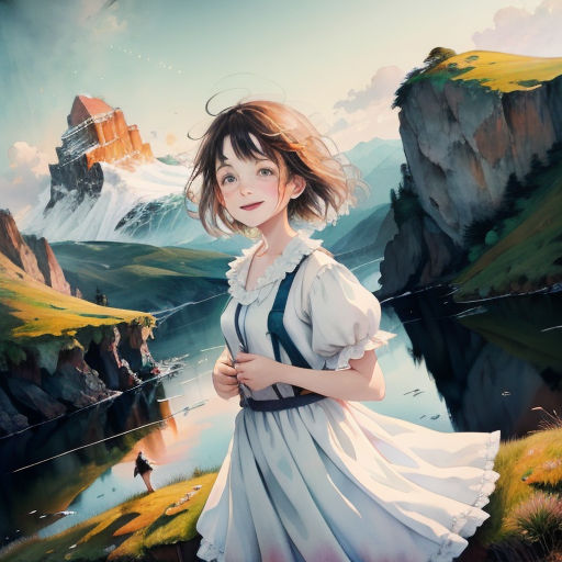 a painting of a girl in a dress standing in front of a mountain lake and a castle in the background