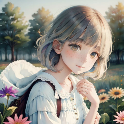 a girl with a backpack standing in a field of flowers with a sunflower in her hand and a forest in the background
