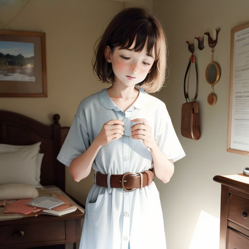 a young girl is standing in a room with a belt on her belt and a shirt on her shirt