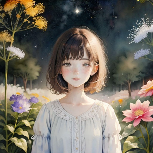 a painting of a girl standing in a field of flowers with a star in the sky above her head