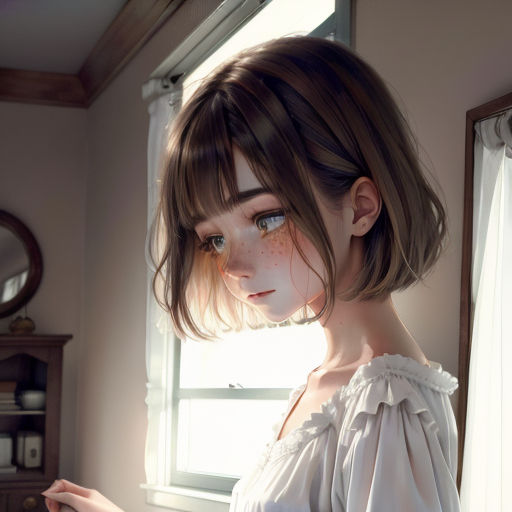 a woman with freckled hair and freckled eyes looks at her cell phone in a room