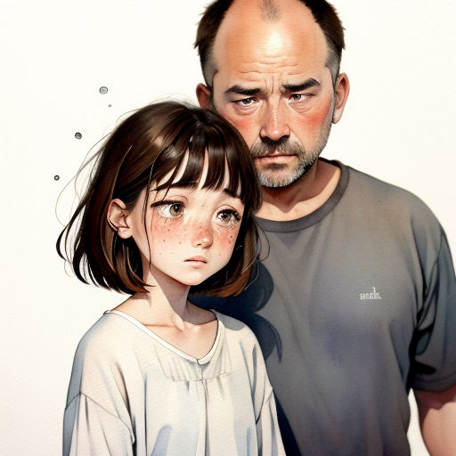 a man and a little girl are standing together in front of a white wall with a black and white drawing of a man