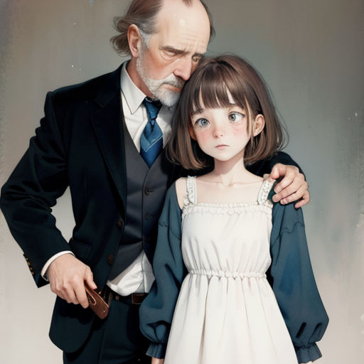 a man and a little girl are standing together in a painting style photo studio, one of them is holding the girl's shoulder