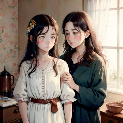 two women standing next to each other in a room with a window and a table with a teapot