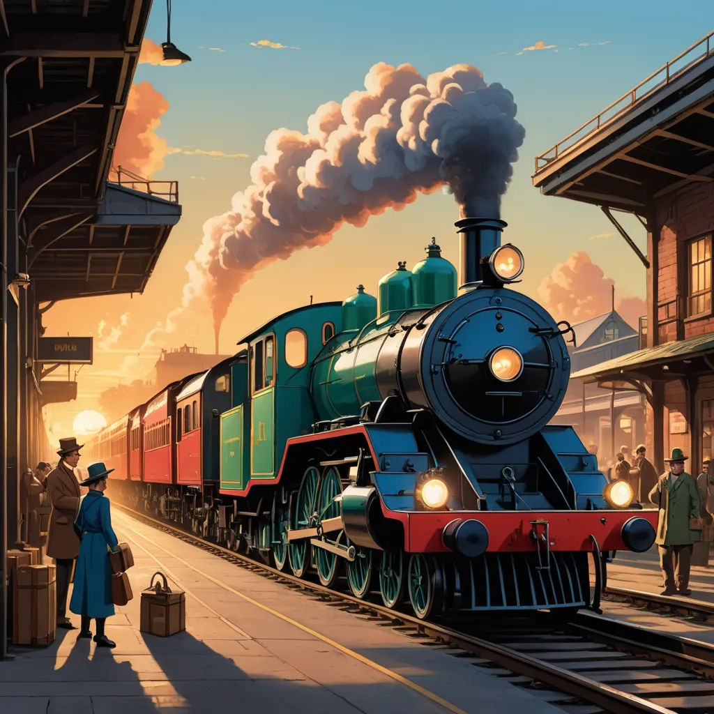 a train is coming down the tracks at a station as people watch from the platform as the sun sets, american scene painting, a detailed matte painting, Evgeny Lushpin, matte drawing