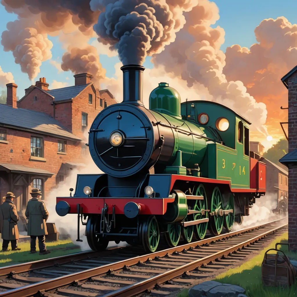 a painting of a train on a train track with people standing around it and a building in the background, fantastic realism, a detailed matte painting, Charles Ginner, official art