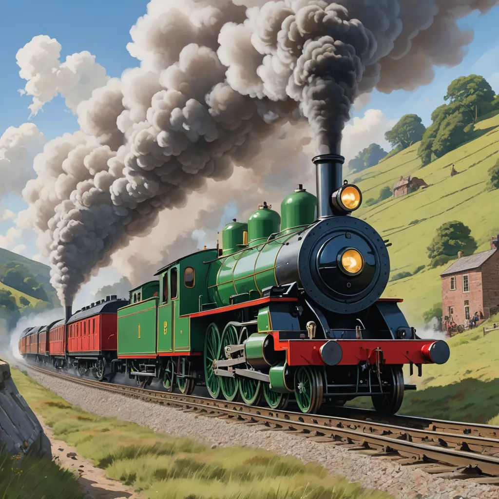 a painting of a train with smoke coming out of it's stacks and a train engine on the tracks, fantastic realism, a detailed matte painting, Charles Ginner, highly detailed digital painting