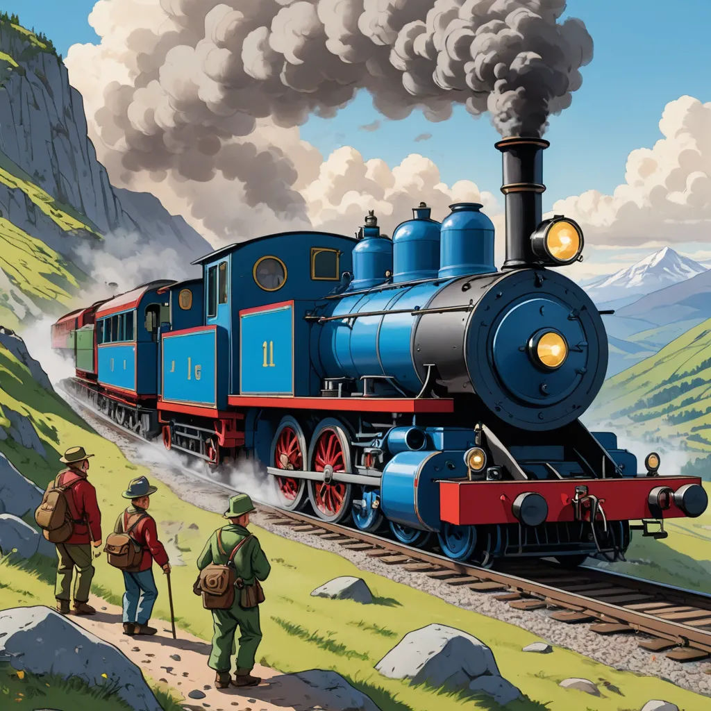 a painting of a train traveling down the tracks with people walking on the side of it and a mountain in the background, fantastic realism, a storybook illustration, Charles Ginner, highly detailed digital painting