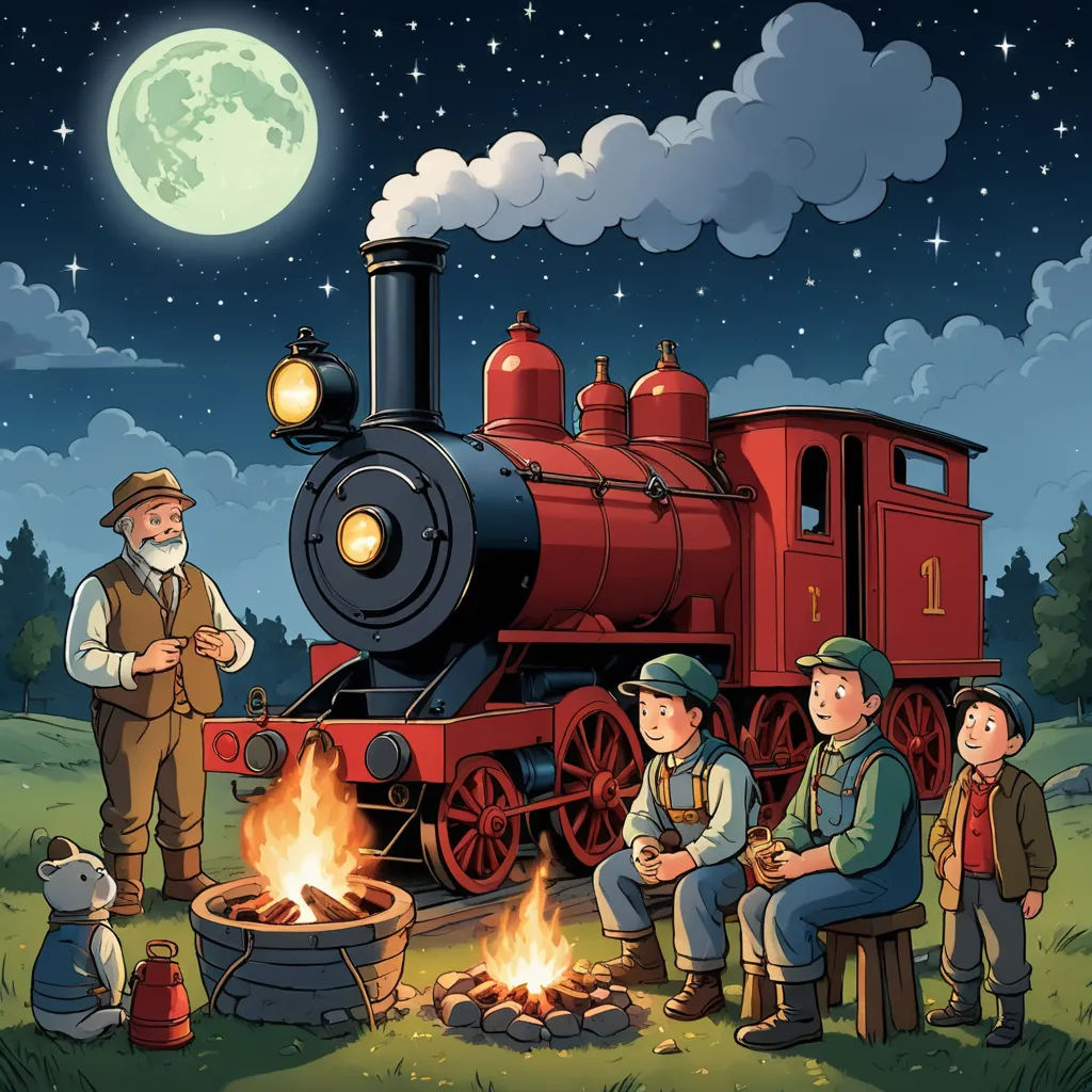 a group of people standing around a train on a track with a fire in the middle of the train, sots art, a storybook illustration, Anne Said, promotional image