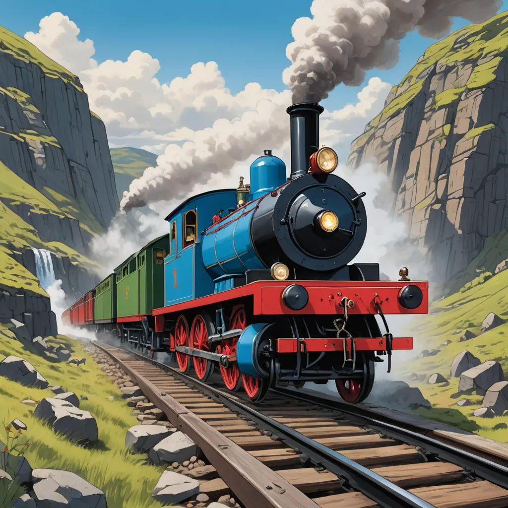 a painting of a train traveling through a mountainous area with a waterfall in the background and a waterfall in the foreground, sots art, a detailed matte painting, Cliff Childs, official art