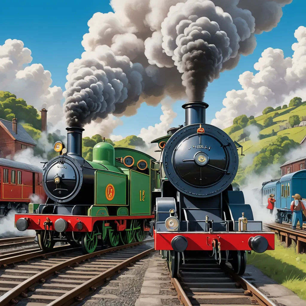 a painting of a train traveling down train tracks with smoke billowing out of it's stacks and people standing on the side of the tracks, sots art, a detailed matte painting, Charles Ginner, official art