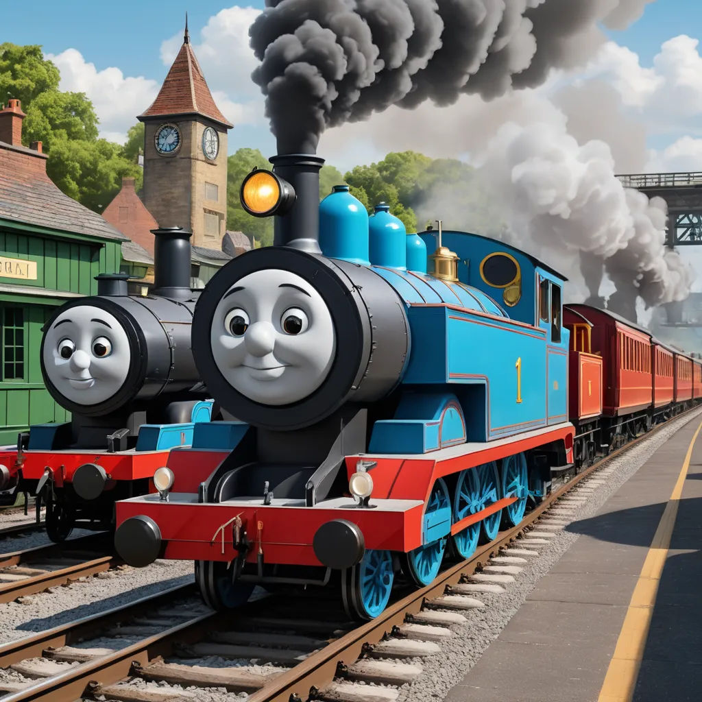 a thomas the train engine is coming down the tracks with smoke coming out of it's mouth and a clock tower in the background, sots art, concept art, Donald Roller Wilson, promotional image