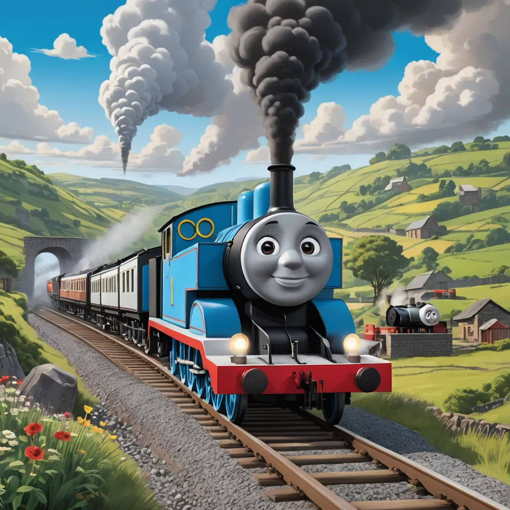 a thomas the train is coming down the tracks with smoke coming out of it's mouth and a train engine on the track, sots art, concept art, Donald Roller Wilson, official art