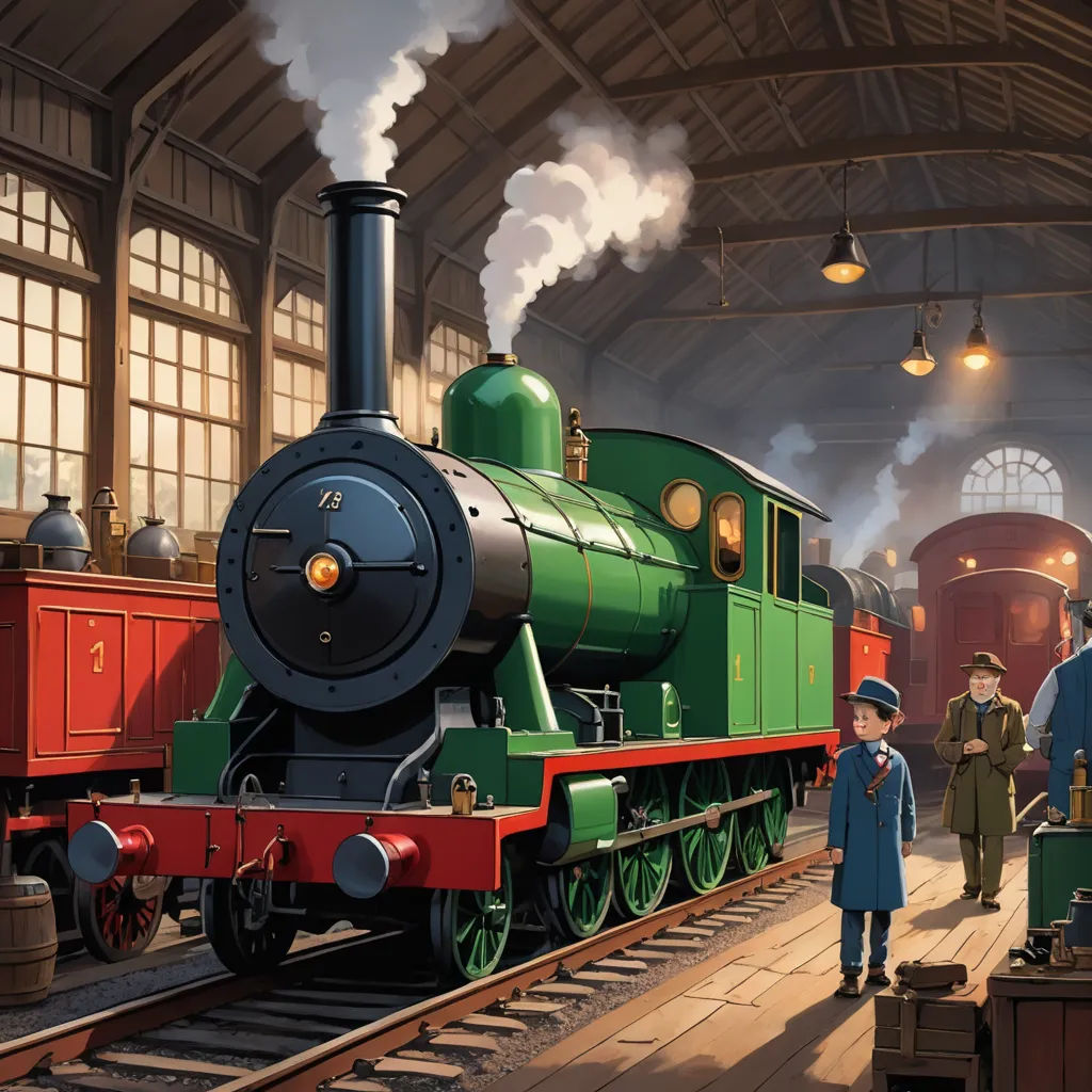 a painting of a train station with a train on the tracks and people standing around it and looking at it, sots art, a detailed matte painting, Evgeny Lushpin, official art