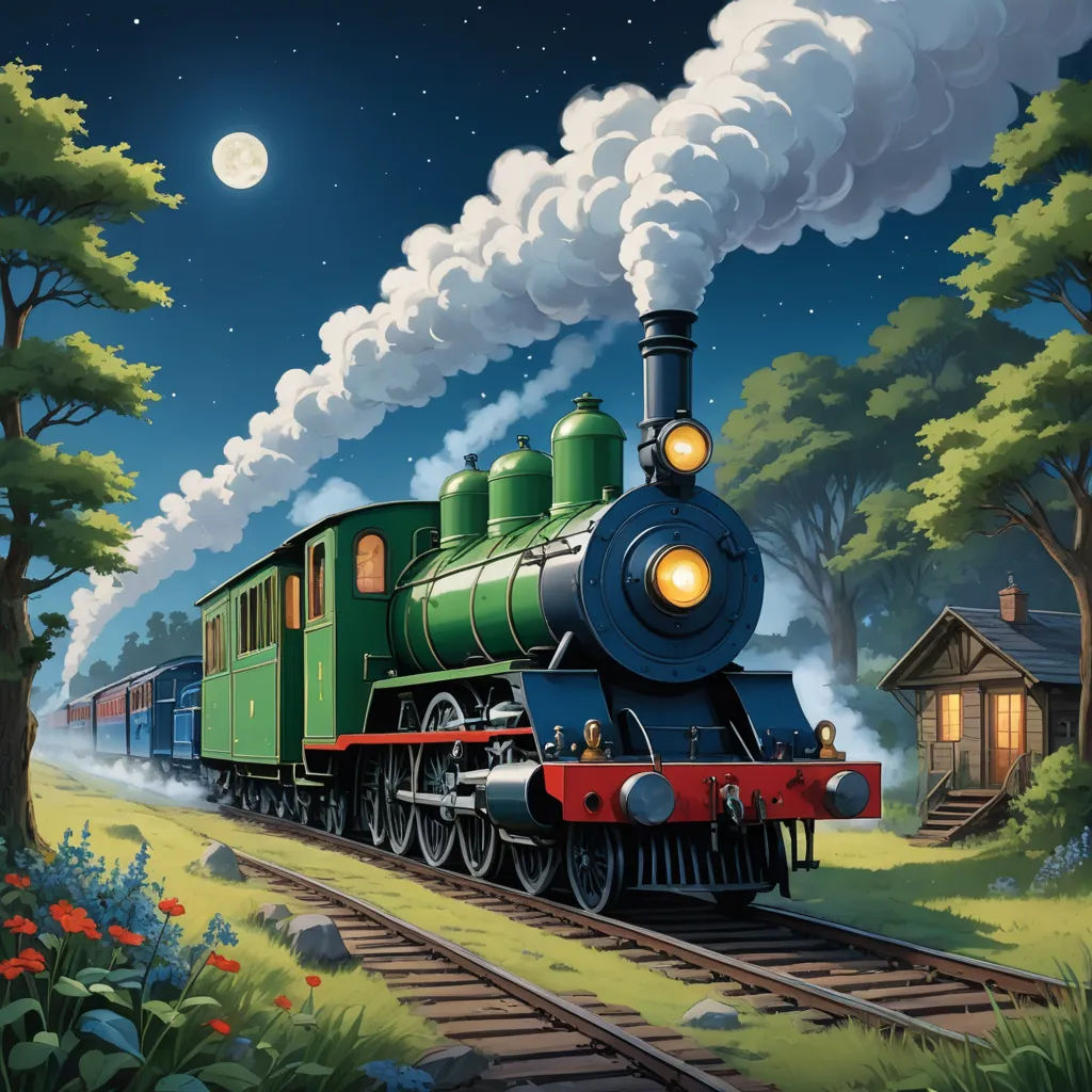 a painting of a train traveling through a forest at night with a full moon in the sky above it, fantasy art, a storybook illustration, Andries Stock, storybook illustration