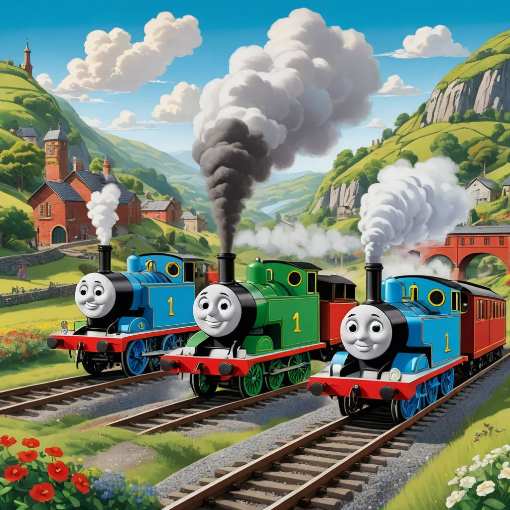 a painting of thomas the train on the tracks with a mountain in the background and a train engine with a face on the track, sots art, a detailed matte painting, Donald Roller Wilson, official art
