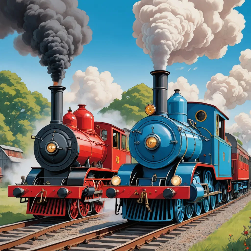 a painting of a train traveling down train tracks with smoke coming out of it's stacks and a red train engine, american scene painting, a detailed matte painting, Brothers Hildebrandt, highly detailed digital painting