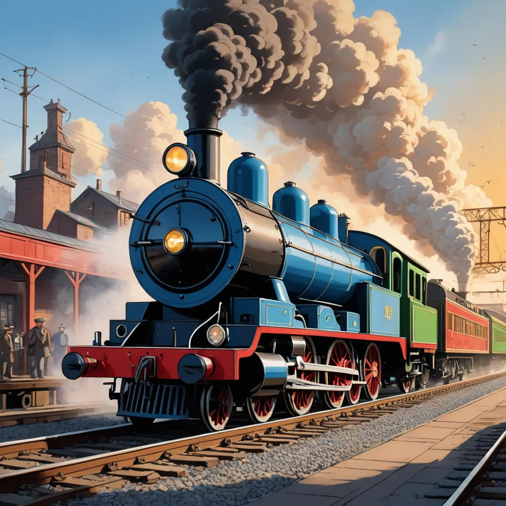 a painting of a train on a train track with smoke coming out of it and people standing on the platform, american scene painting, a detailed matte painting, Evgeny Lushpin, matte drawing