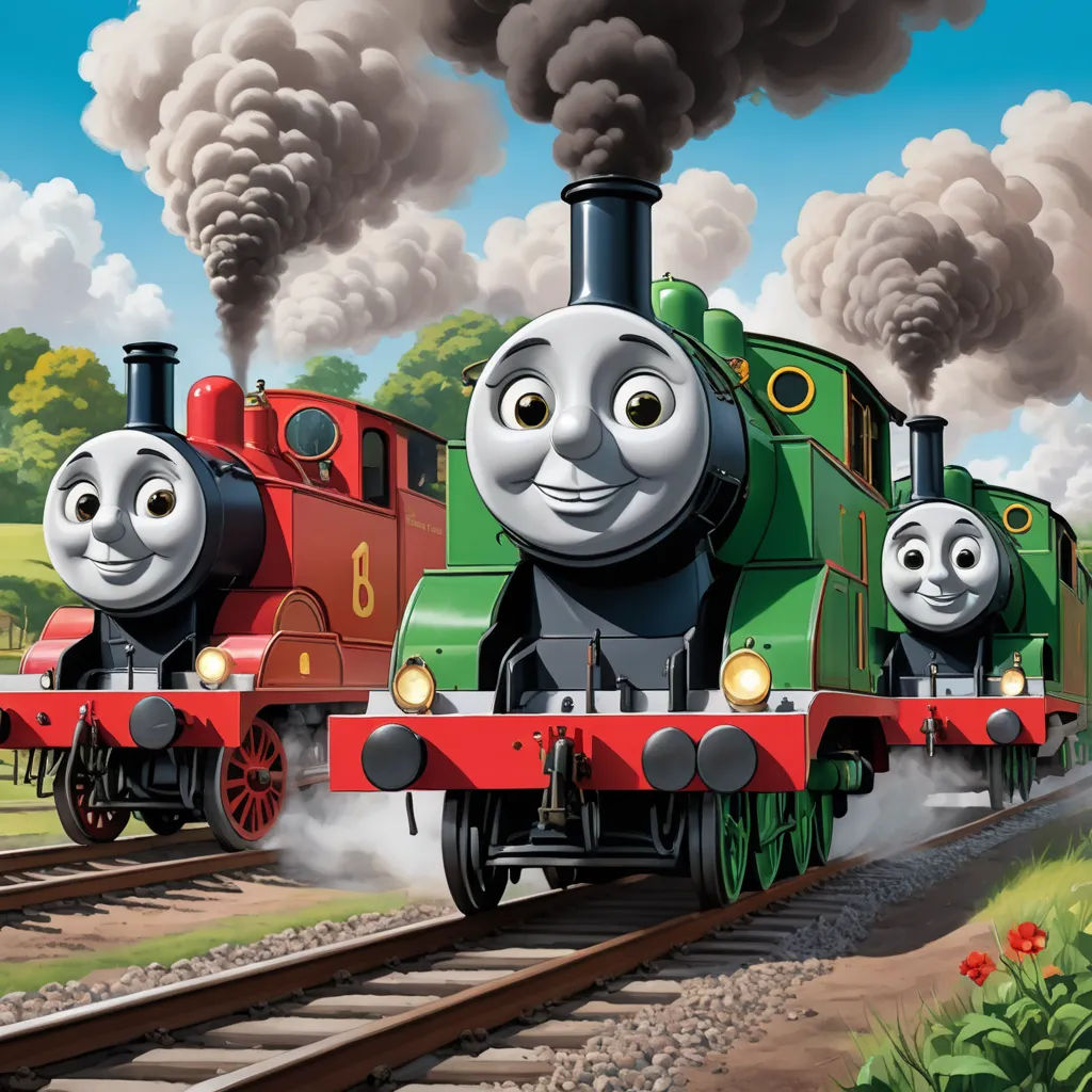 a cartoon train with two thomas the train engines on the tracks with smoke billowing out of it's stacks, sots art, concept art, Andries Both, official art