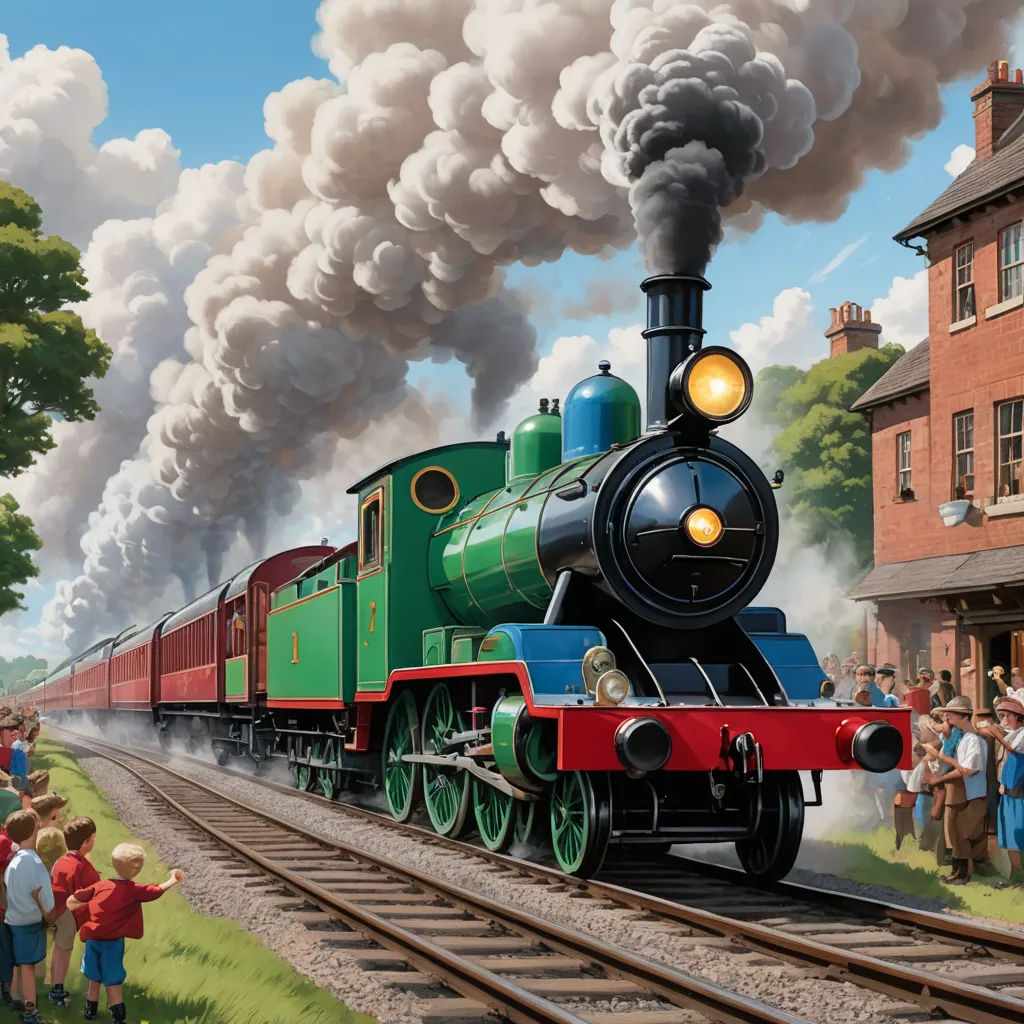 a painting of a train with people standing around it and a train on the tracks with smoke coming out of it, american scene painting, a storybook illustration, Charles Ginner, storybook illustration