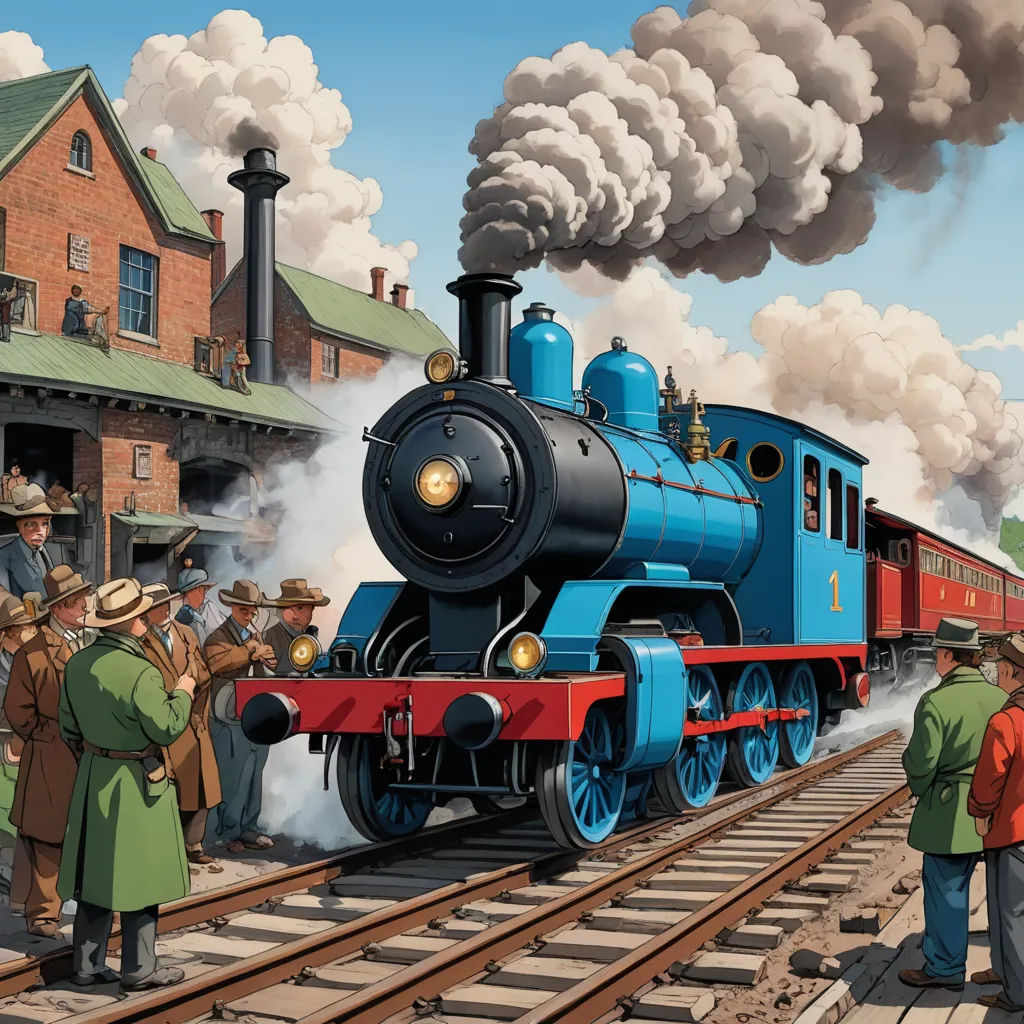 a painting of a train with people standing on the tracks and a train on the tracks with smoke coming out of it, american scene painting, a digital rendering, Bob Thompson, official art