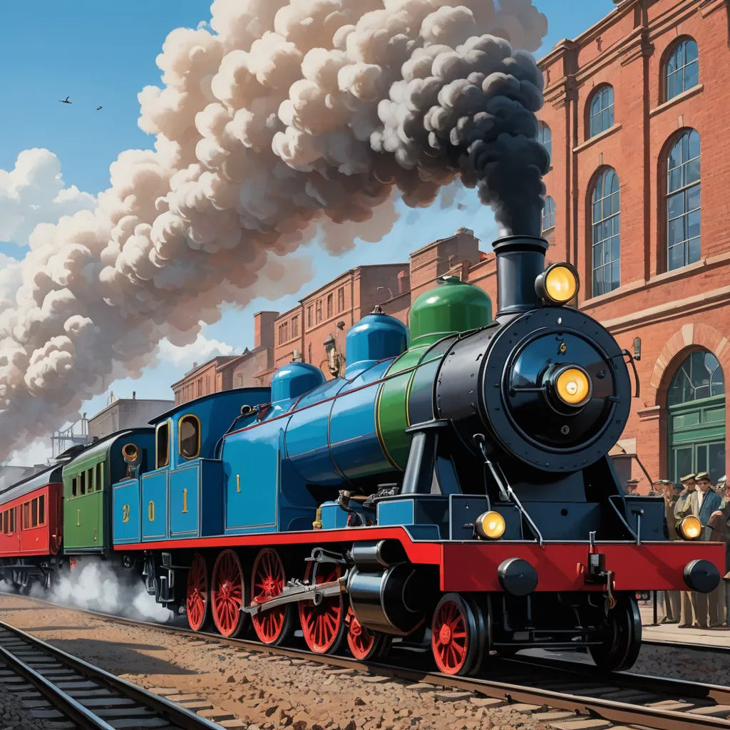 a painting of a train with smoke coming out of it's stacks and a building in the background, american scene painting, a detailed matte painting, Evgeny Lushpin, highly detailed digital painting