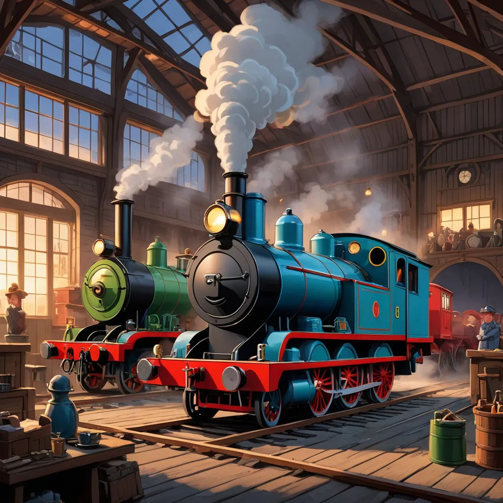 a painting of a train in a train station with people around it and a train on the tracks with smoke coming out of it, sots art, a detailed matte painting, Evgeny Lushpin, matte drawing