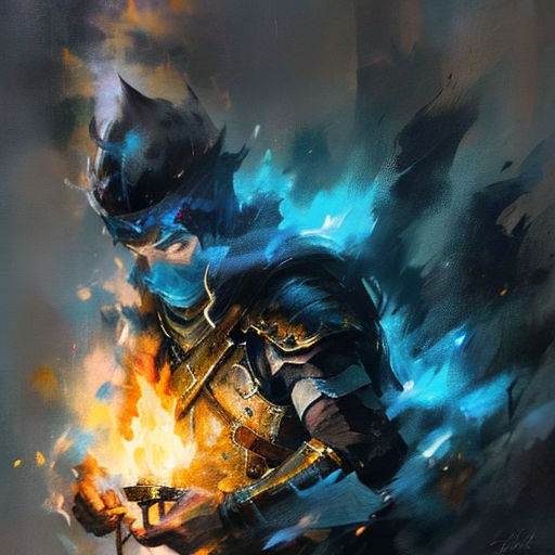a painting of a man in armor holding a sword and a flame in his hand, with a blue flame coming out of his chest