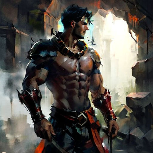 a man with a sword standing in a cave with a city in the background and a giant rock in the foreground