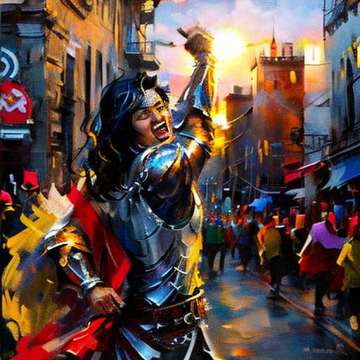 a painting of a woman dressed as a knight holding a sword and a flame in her hand in a crowded city street