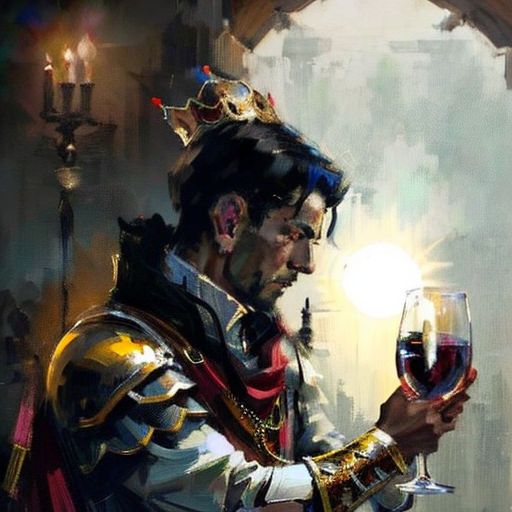 a painting of a man holding a glass of wine and a candle in his hand, with a crown on his head
