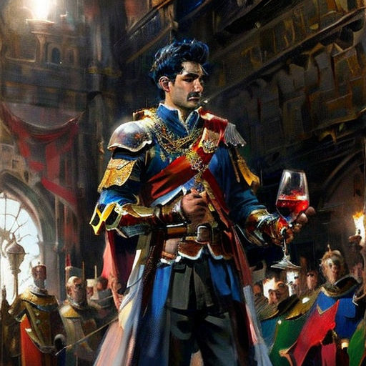 a painting of a man in a costume holding a glass of wine in front of a crowd of people