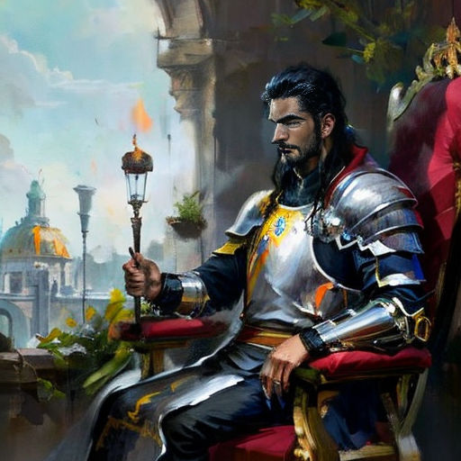a man in a suit of armor sitting in a chair with a lamp in his hand and a building in the background